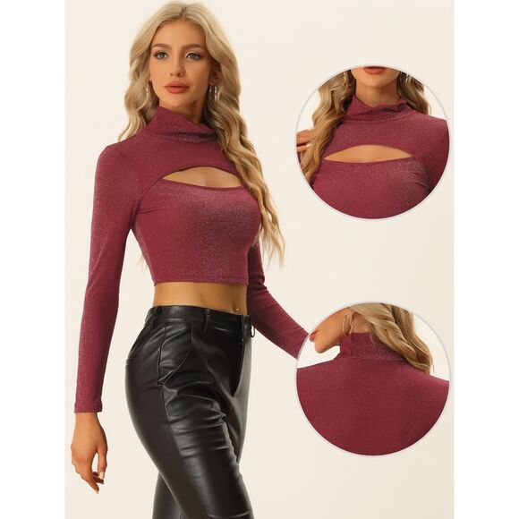 Shimmer Blouse Long Sleeve Slim Fit Mock Neck Cutout Crop Tops Dark Red - Picture 2 of 6
